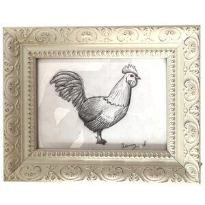 ROOSTER DRAWING White Ornate Cream Frame Signed Pencil Drawing 10.75" x  7.75" H